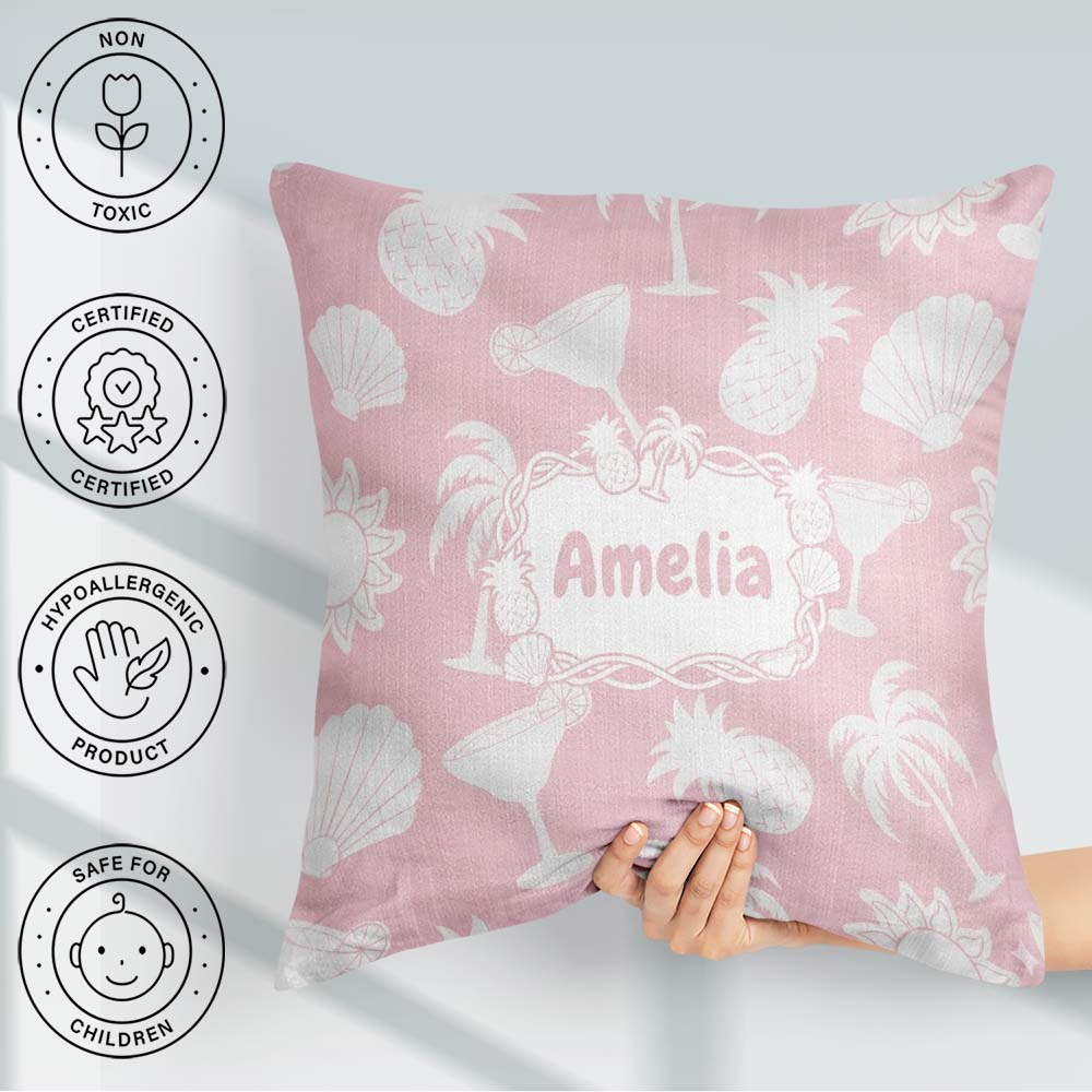Custom Name Tropical Beach Soft Palm Pineapple Cocktail Seamless Square Filled Cushion Throw Pillow Sofa Bed Home Decor Zip Washable UK Made