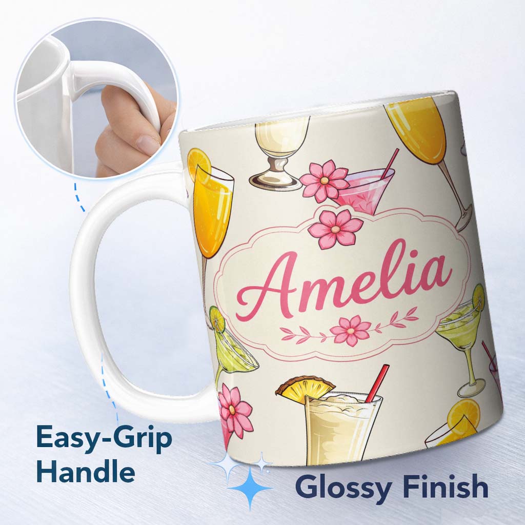 Personalized Custom Name Colorful Cocktail Drinks Summer Party Seamless Pattern Name Cute 11oz Ceramic Coffee Tea Mug White Large Handle