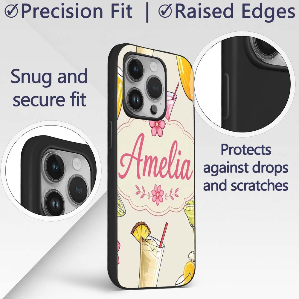 Colorful Cocktail Drinks Summer Party Seamless Custom Name Protective Phone Case Mobile Cover Durable Everyday Smartphone Shock Resistant