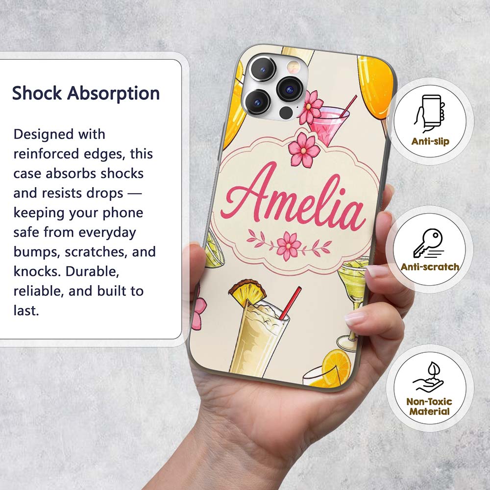 Colorful Cocktail Drinks Summer Party Seamless Custom Name Protective Phone Case Mobile Cover Durable Everyday Smartphone Shock Resistant