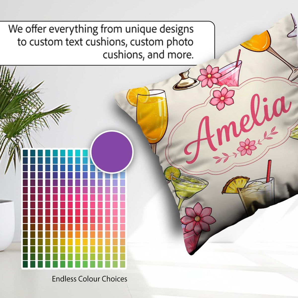 Custom Name Colorful Cocktail Drinks Party Seamless Pattern Name Square Filled Cushion Throw Pillow Sofa Bed Home Decor Zip Washable UK Made