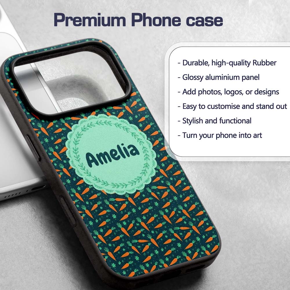 Cute Minimal Carrot and Clover Tossed Dark Teal Custom Name Protective Phone Case Mobile Cover Durable Everyday Smartphone Shock Resistant