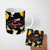 Personalized Custom Name Colorful Cocktail Drinks Dark Background Summer Party Seamless 11oz Ceramic Coffee Tea Mug White Large Handle