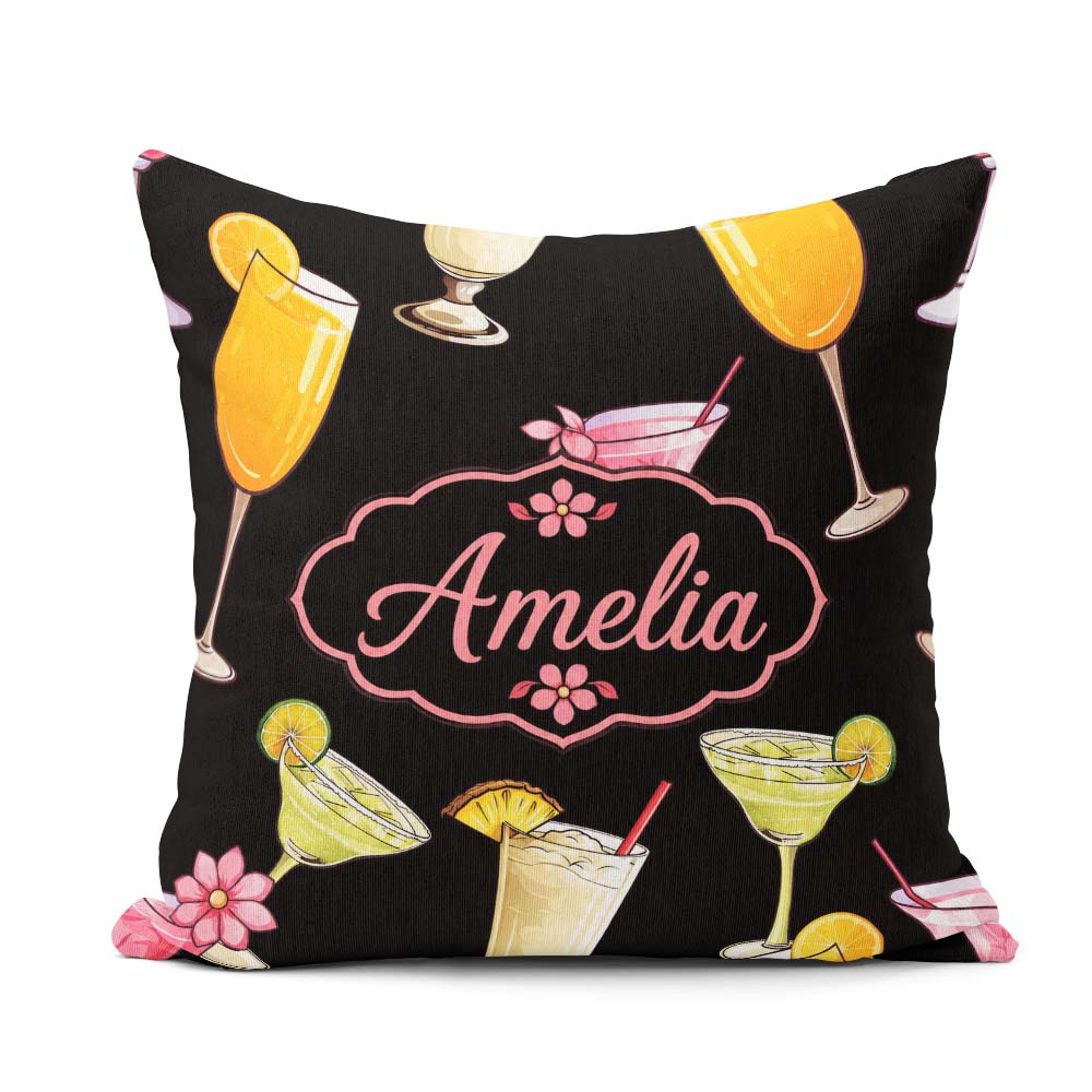 Custom Name Colorful Cocktail Drinks Dark Summer Party Seamless Square Filled Cushion Throw Pillow Sofa Bed Home Decor Zip Washable UK Made