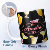 Personalized Custom Name Colorful Cocktail Drinks Dark Background Summer Party Seamless 11oz Ceramic Coffee Tea Mug White Large Handle