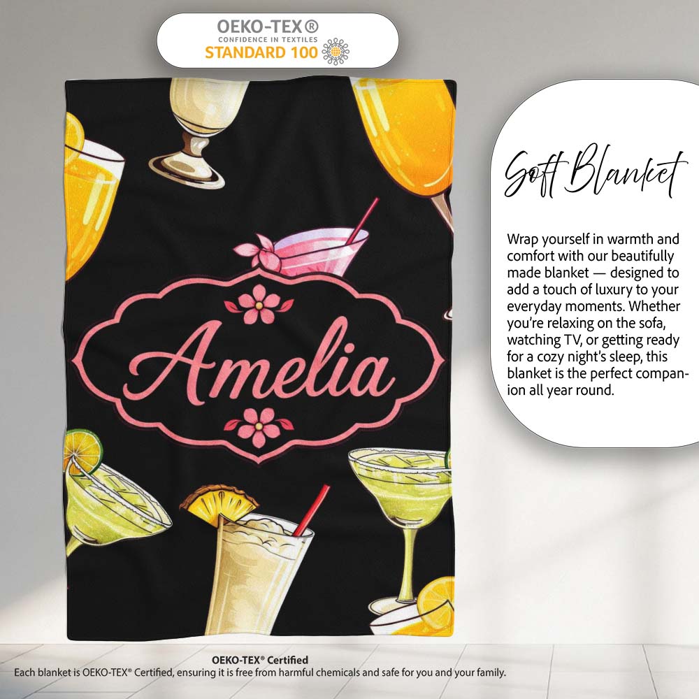 Colorful Cocktail Drinks Dark Background Summer Party Seamless  Personalised Custom Name Super Soft Fleece Blanket Bed Sofa Throw