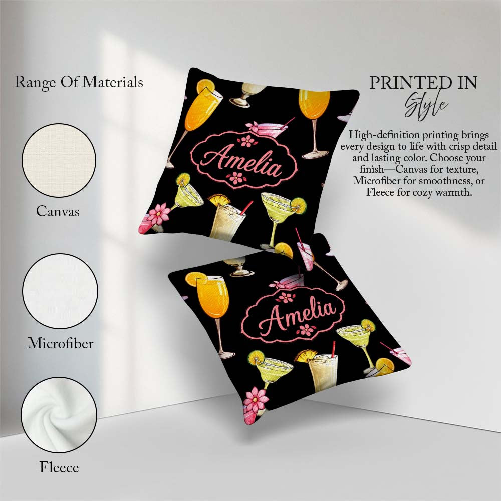 Custom Name Colorful Cocktail Drinks Dark Summer Party Seamless Square Filled Cushion Throw Pillow Sofa Bed Home Decor Zip Washable UK Made