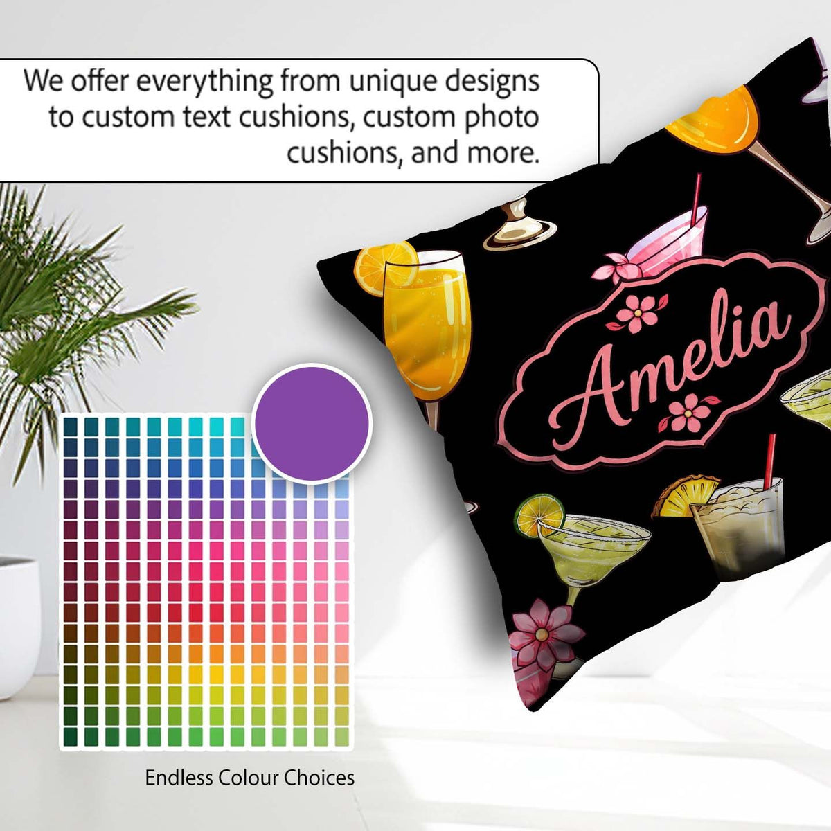 Custom Name Colorful Cocktail Drinks Dark Summer Party Seamless Square Filled Cushion Throw Pillow Sofa Bed Home Decor Zip Washable UK Made