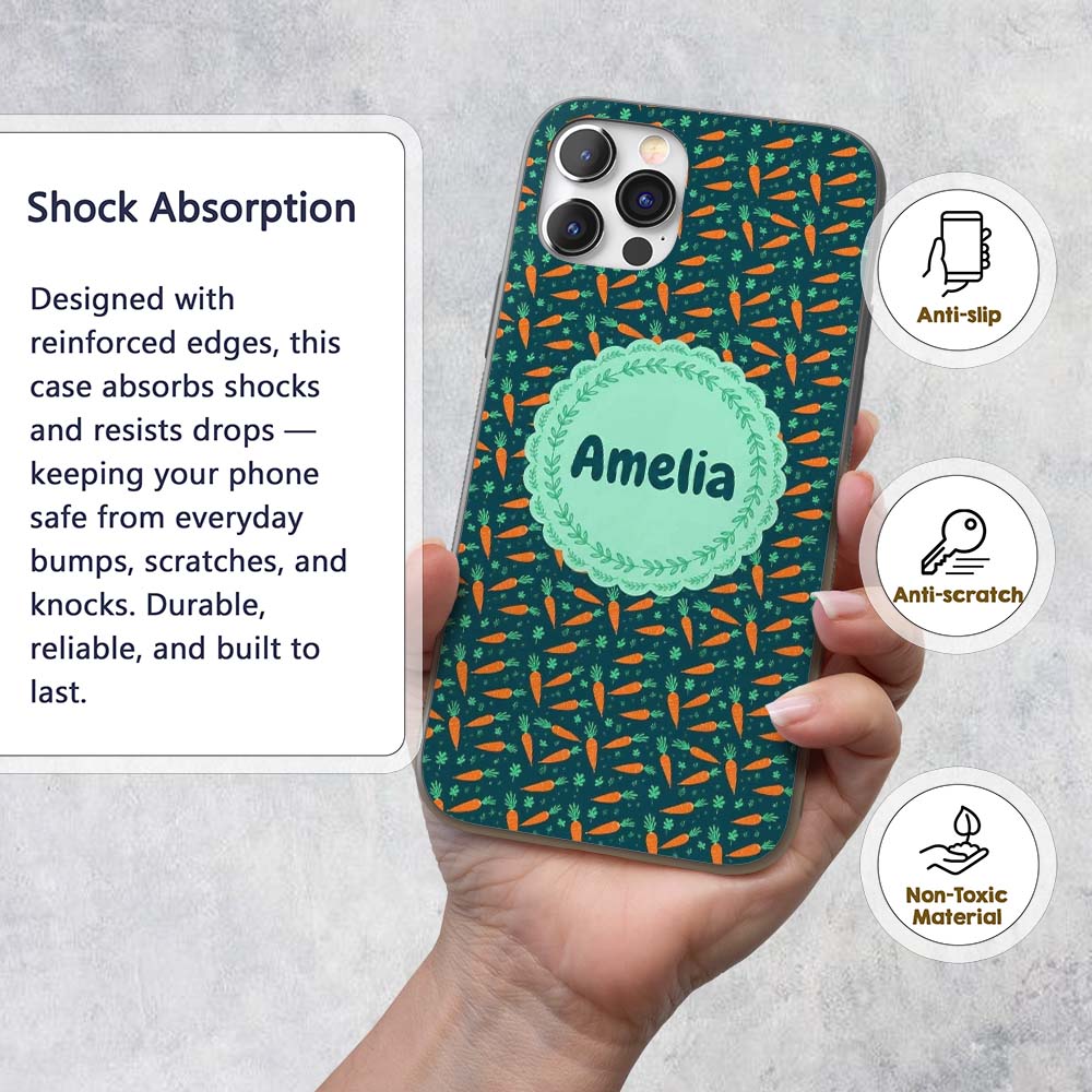 Cute Minimal Carrot and Clover Tossed Dark Teal Custom Name Protective Phone Case Mobile Cover Durable Everyday Smartphone Shock Resistant
