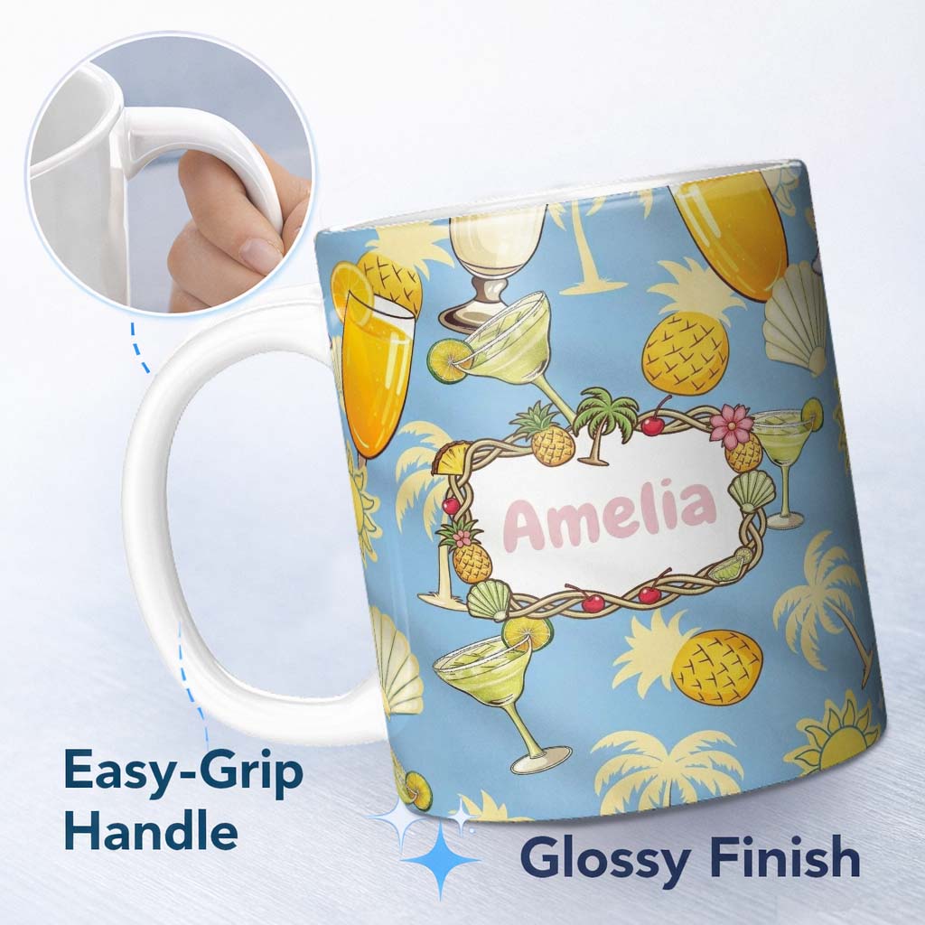 Personalized Custom Name Colorful Cocktail Drinks Blue Background Summer Party Seamless 11oz Ceramic Coffee Tea Mug White Large Handle