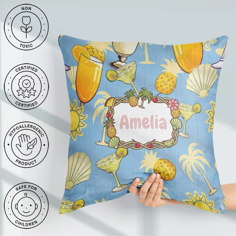 Custom Name Colorful Cocktail Drinks Blue Summer Party Seamless Square Filled Cushion Throw Pillow Sofa Bed Home Decor Zip Washable UK Made