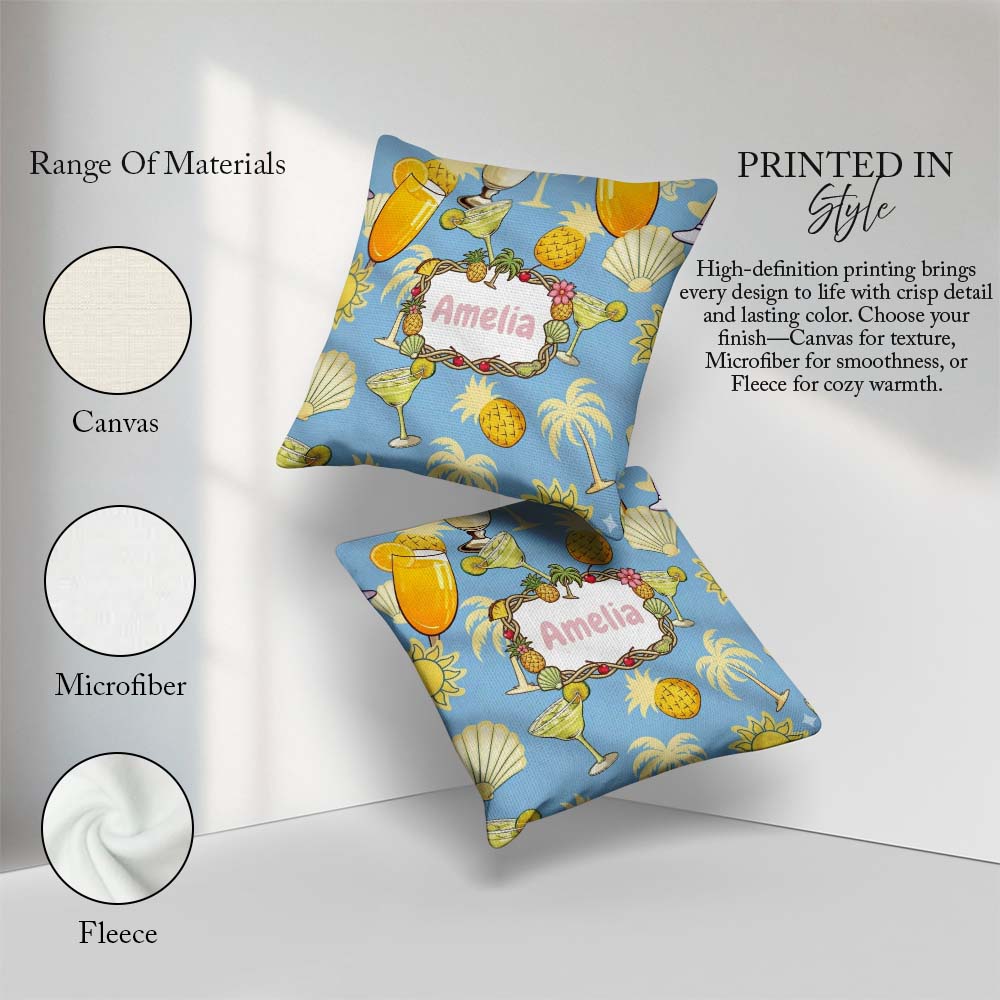 Custom Name Colorful Cocktail Drinks Blue Summer Party Seamless Square Filled Cushion Throw Pillow Sofa Bed Home Decor Zip Washable UK Made