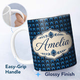 Personalized Custom Name Dark Blue Lotus Flower Repeat Seamless Pattern Beautiful Coffee Cup 11oz Ceramic Coffee Tea Mug White Large Handle