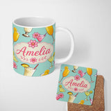 Personalized Custom Name Colorful Cocktail Drinks Mint Background Summer Party Seamless 11oz Ceramic Coffee Tea Mug White Large Handle