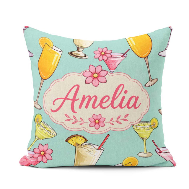 Custom Name Colorful Cocktail Drinks Mint Summer Party Seamless Square Filled Cushion Throw Pillow Sofa Bed Home Decor Zip Washable UK Made