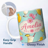 Personalized Custom Name Colorful Cocktail Drinks Mint Background Summer Party Seamless 11oz Ceramic Coffee Tea Mug White Large Handle