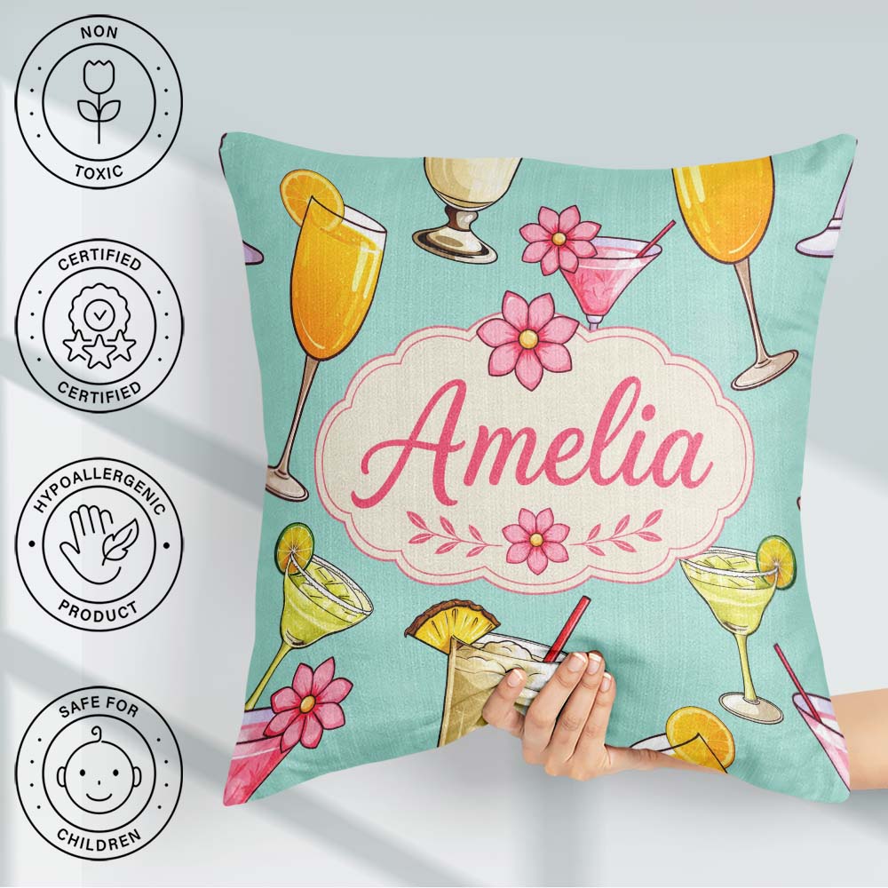 Custom Name Colorful Cocktail Drinks Mint Summer Party Seamless Square Filled Cushion Throw Pillow Sofa Bed Home Decor Zip Washable UK Made