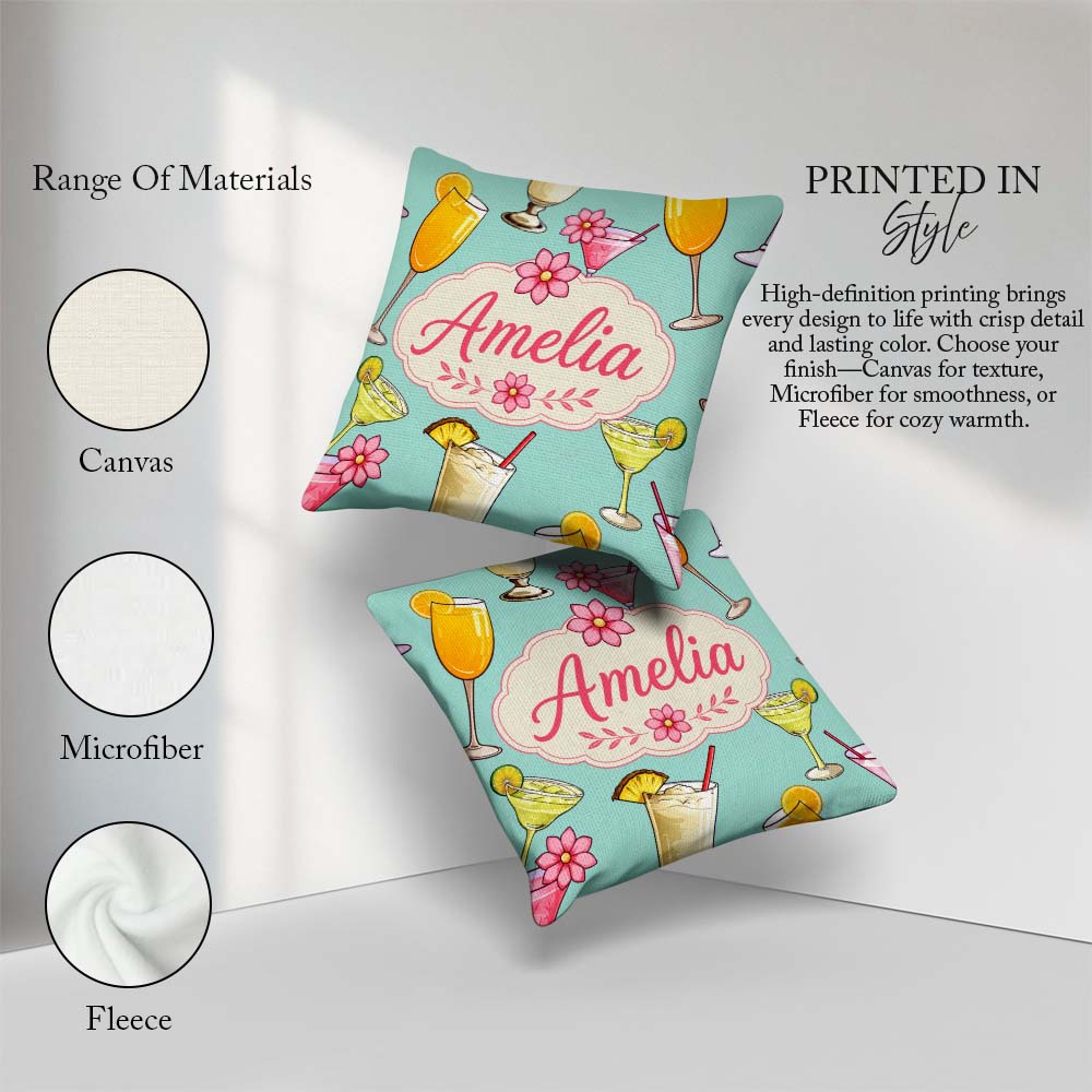 Custom Name Colorful Cocktail Drinks Mint Summer Party Seamless Square Filled Cushion Throw Pillow Sofa Bed Home Decor Zip Washable UK Made