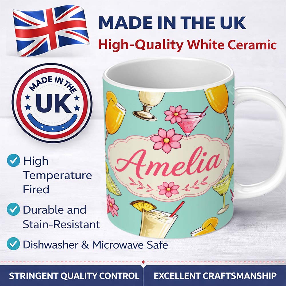 Personalized Custom Name Colorful Cocktail Drinks Mint Background Summer Party Seamless 11oz Ceramic Coffee Tea Mug White Large Handle
