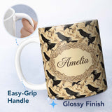 Personalized Custom Name Gothic Raven Seamless Pattern on Beige Vintage Floral Background 11oz Ceramic Coffee Tea Mug White Large Handle