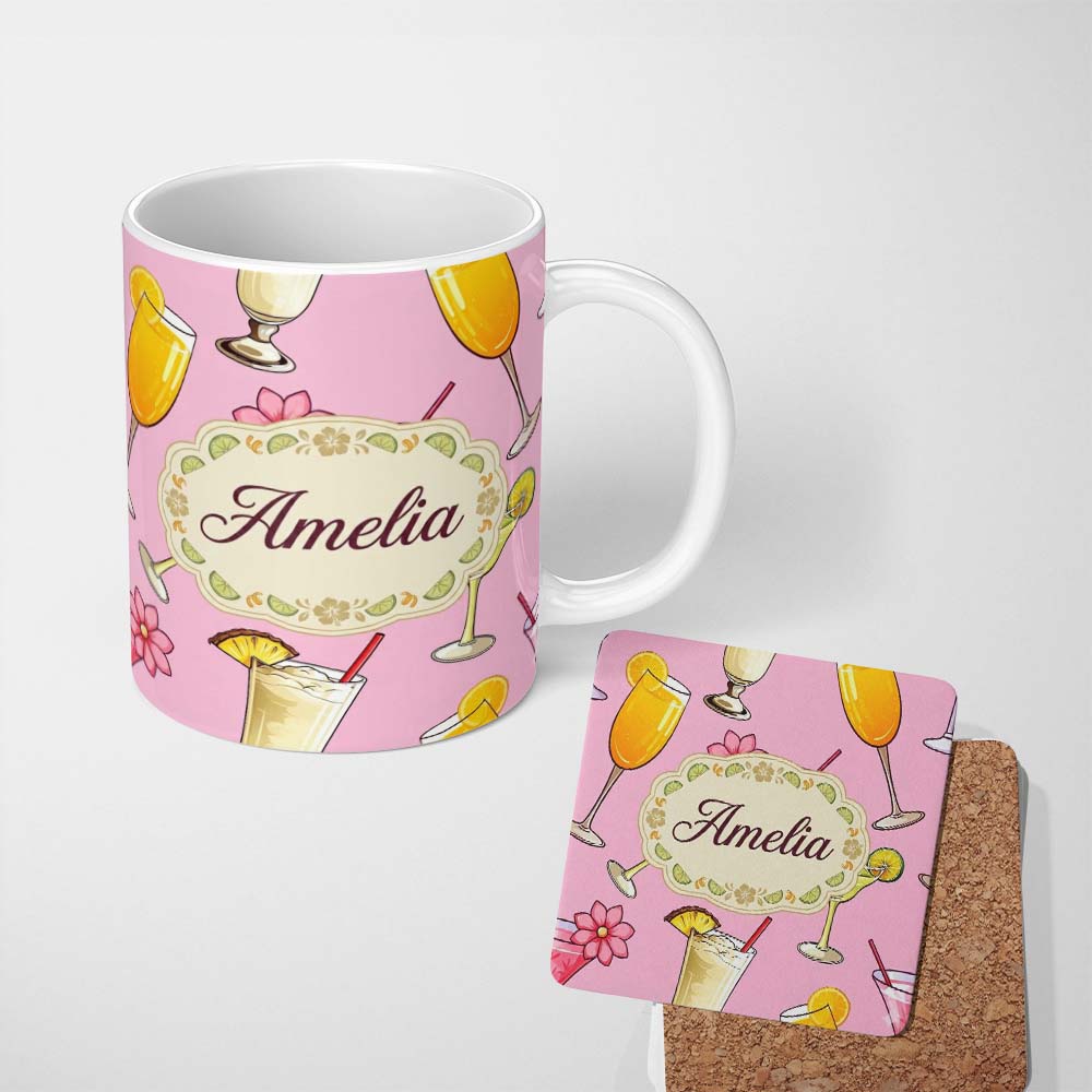 Personalized Custom Name Colorful Cocktail Drinks Pink Background Summer Party Seamless 11oz Ceramic Coffee Tea Mug White Large Handle