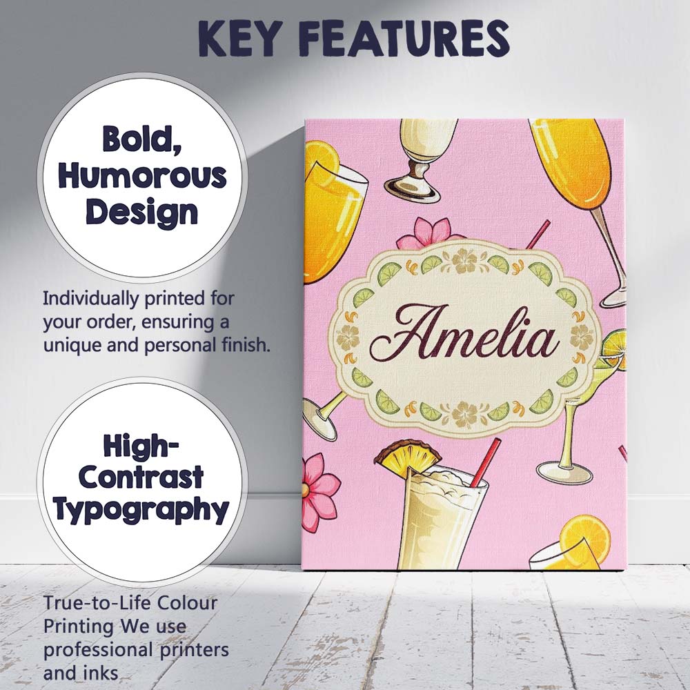 Personalised Name Colorful Cocktail Drinks Custom  Unique Gift Idea Elegant Feature Canvas Wall Art Print Decor Picture Ready to Hang