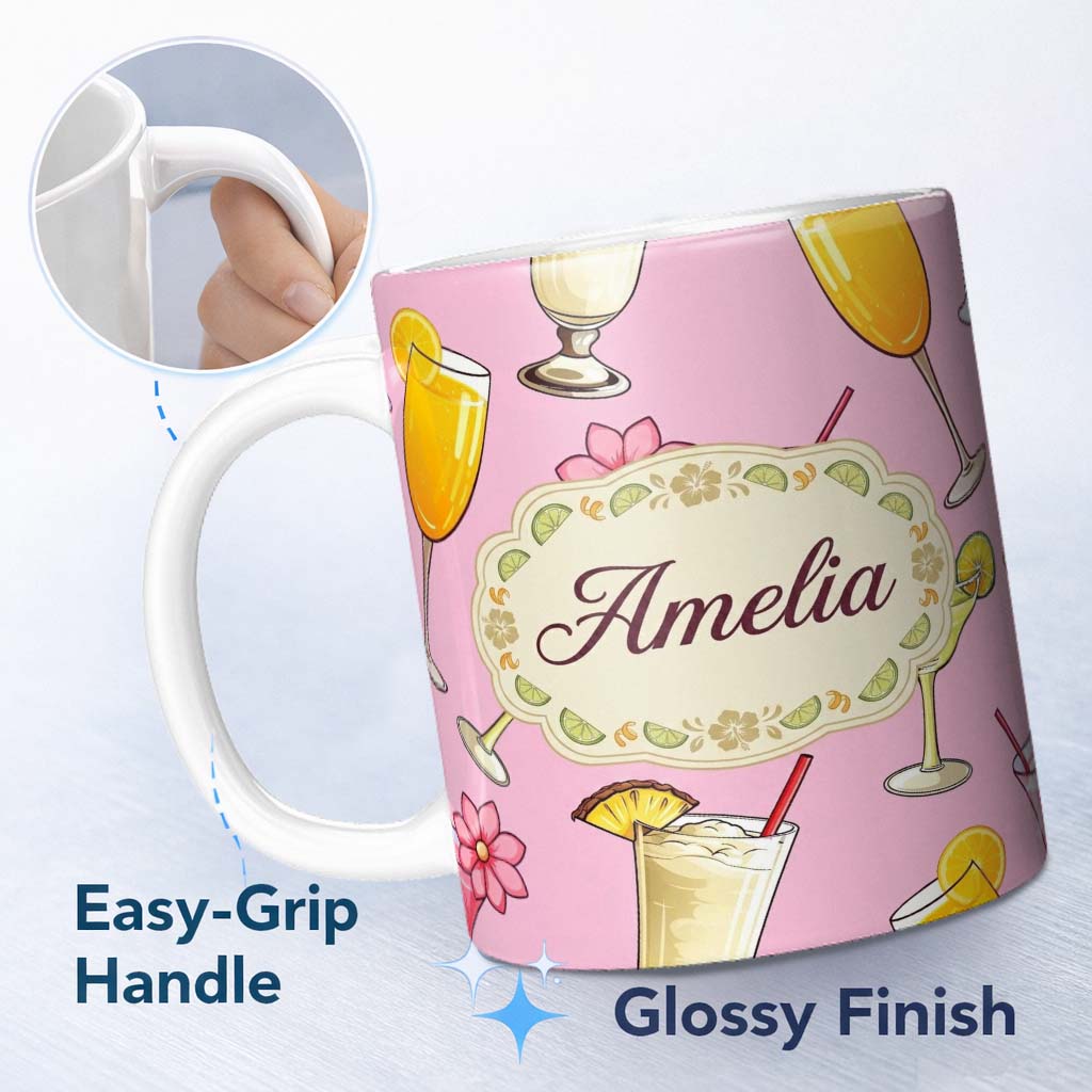 Personalized Custom Name Colorful Cocktail Drinks Pink Background Summer Party Seamless 11oz Ceramic Coffee Tea Mug White Large Handle