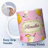 Personalized Custom Name Colorful Cocktail Drinks Pink Background Summer Party Seamless 11oz Ceramic Coffee Tea Mug White Large Handle