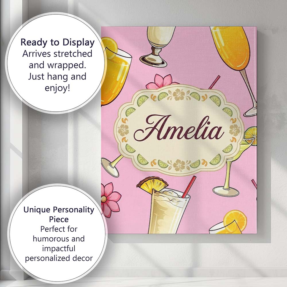 Personalised Name Colorful Cocktail Drinks Custom  Unique Gift Idea Elegant Feature Canvas Wall Art Print Decor Picture Ready to Hang