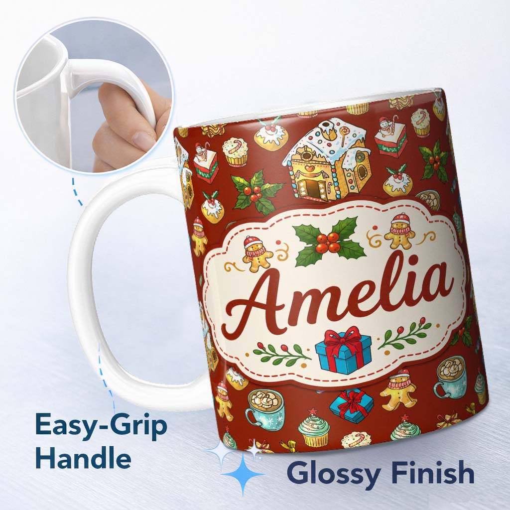 Personalized Custom Name Gingerbread House Cupcake Candy Christmas Seamless Pattern Lovely 11oz Ceramic Coffee Tea Mug White Large Handle