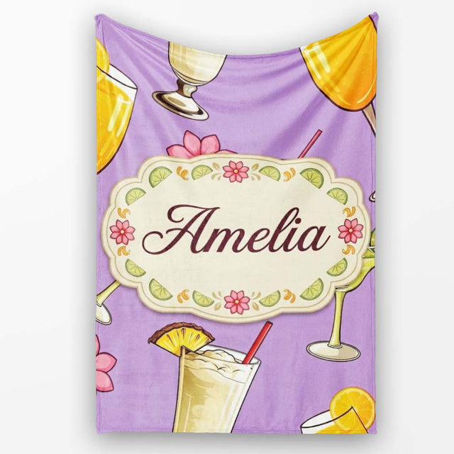 Colorful Cocktail Drinks Purple Background Summer Party Seamless  Personalised Custom Name Super Soft Fleece Blanket Bed Sofa Throw