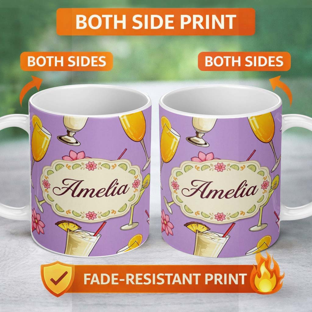 Personalized Custom Name Colorful Cocktail Drinks Purple Background Summer Party Seamless 11oz Ceramic Coffee Tea Mug White Large Handle