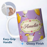 Personalized Custom Name Colorful Cocktail Drinks Purple Background Summer Party Seamless 11oz Ceramic Coffee Tea Mug White Large Handle