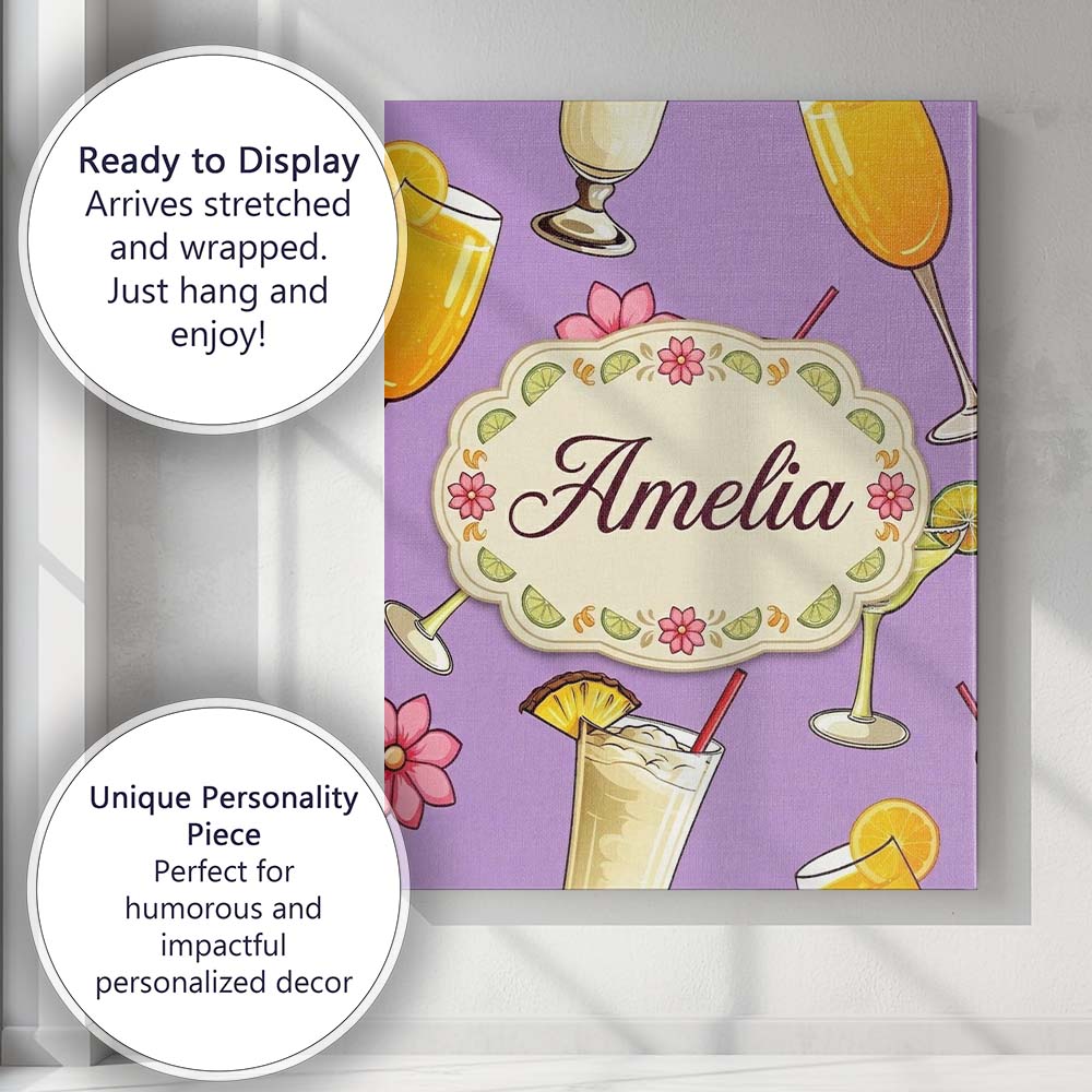 Personalised Name Colorful Cocktail Drinks Custom  Unique Gift Idea Elegant Feature Canvas Wall Art Print Decor Picture Ready to Hang