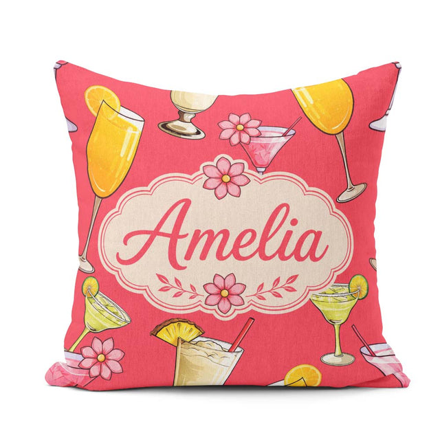 Custom Name Colorful Cocktail Drinks Red Background Summer Party Square Filled Cushion Throw Pillow Sofa Bed Home Decor Zip Washable UK Made