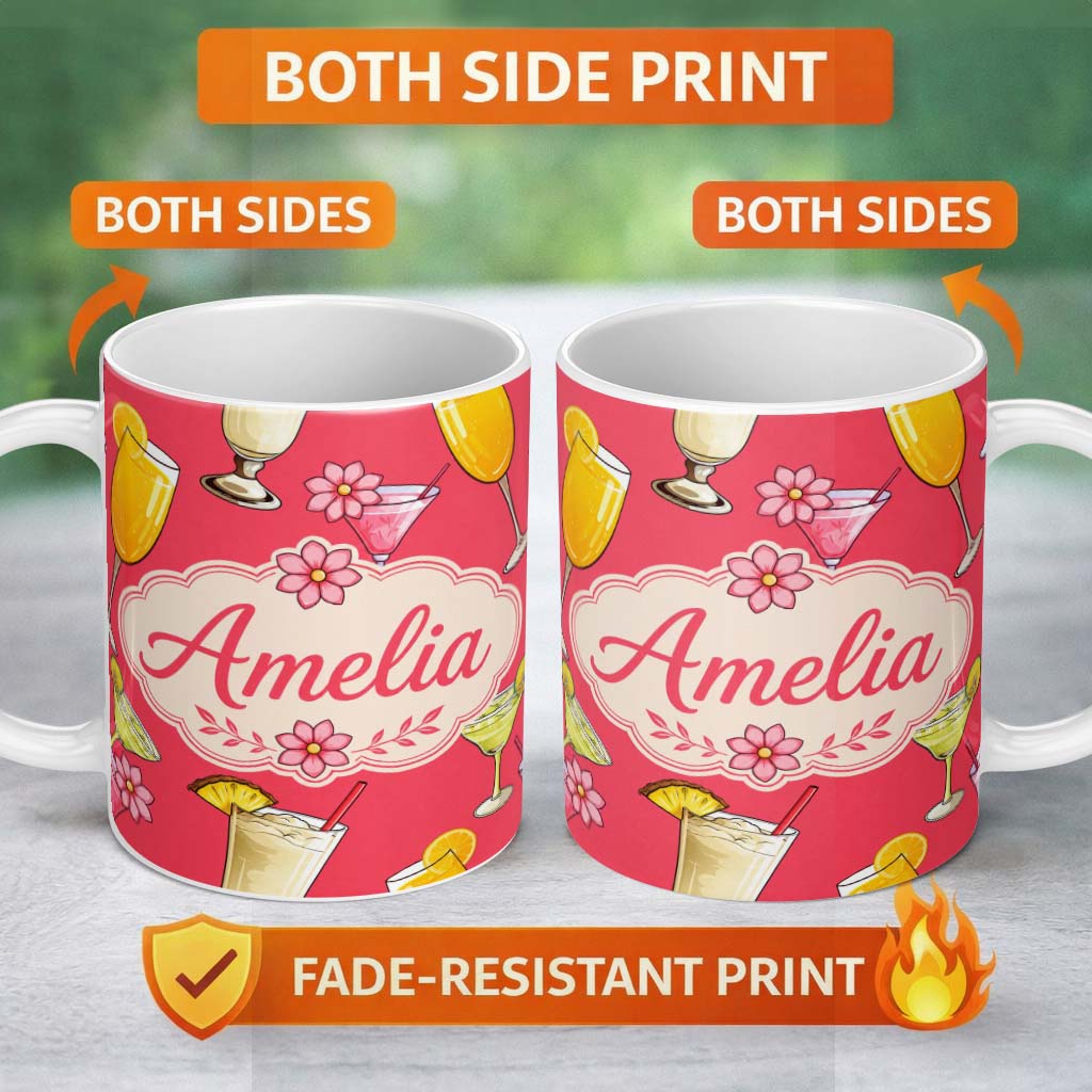 Personalized Custom Name Colorful Cocktail Drinks Red Background Summer Party Seamless 11oz Ceramic Coffee Tea Mug White Large Handle