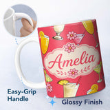 Personalized Custom Name Colorful Cocktail Drinks Red Background Summer Party Seamless 11oz Ceramic Coffee Tea Mug White Large Handle