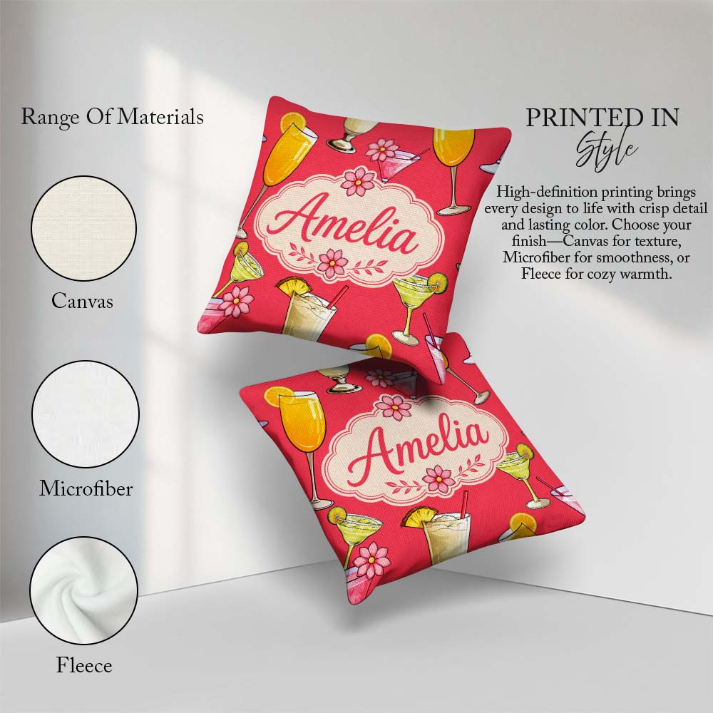 Custom Name Colorful Cocktail Drinks Red Background Summer Party Square Filled Cushion Throw Pillow Sofa Bed Home Decor Zip Washable UK Made