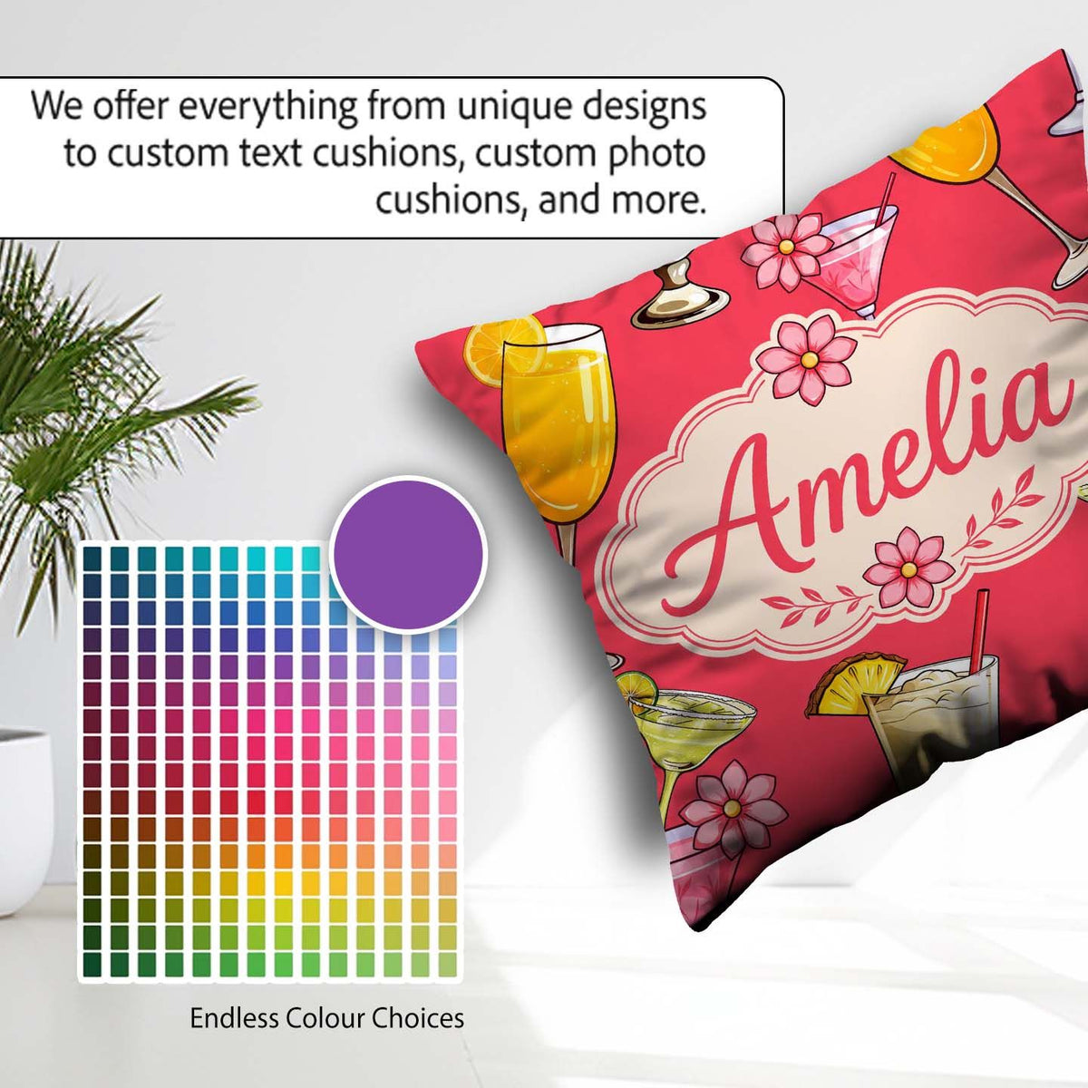 Custom Name Colorful Cocktail Drinks Red Background Summer Party Square Filled Cushion Throw Pillow Sofa Bed Home Decor Zip Washable UK Made