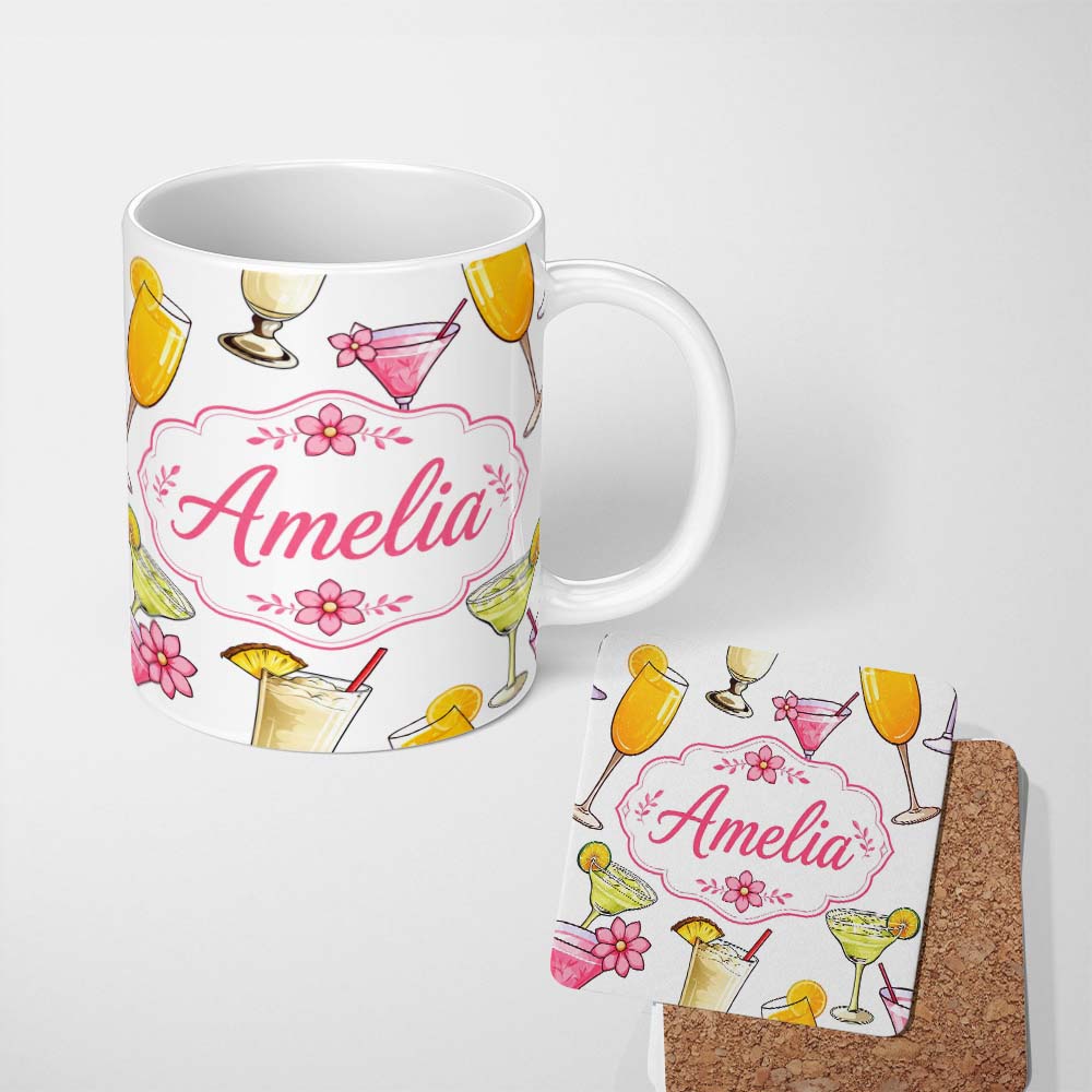 Personalized Custom Name Colorful Cocktail Drinks Grey Background Summer Party Seamless 11oz Ceramic Coffee Tea Mug White Large Handle