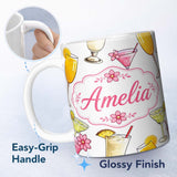 Personalized Custom Name Colorful Cocktail Drinks Grey Background Summer Party Seamless 11oz Ceramic Coffee Tea Mug White Large Handle