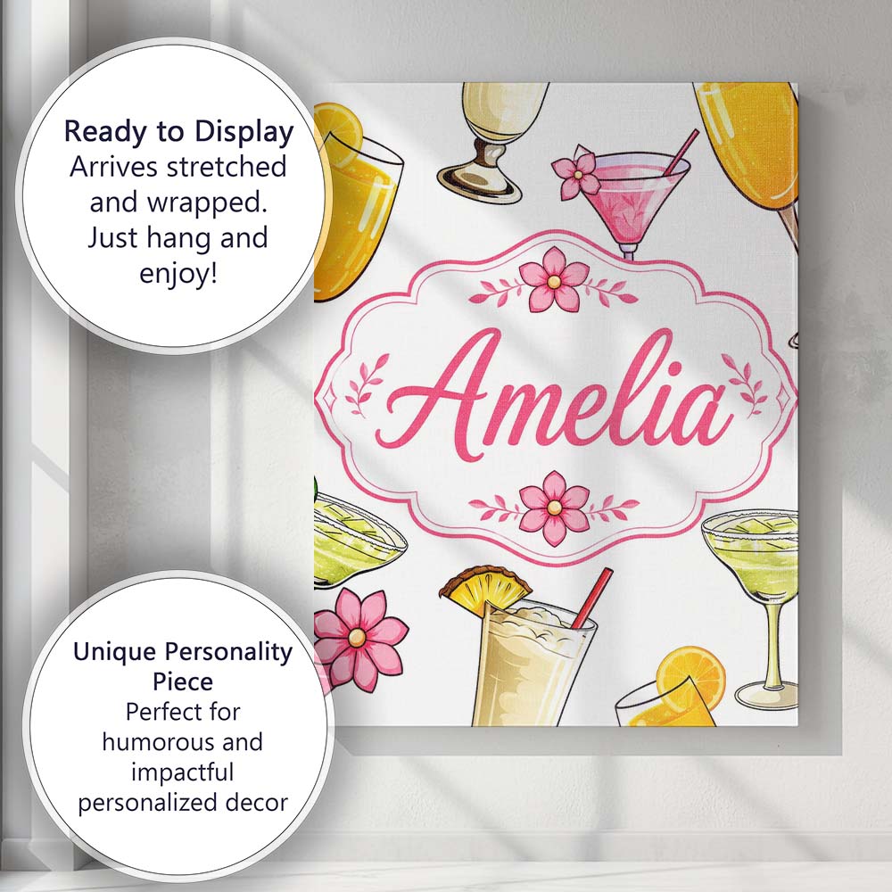 Personalised Name Colorful Cocktail Drinks Custom  Unique Gift Idea Elegant Feature Canvas Wall Art Print Decor Picture Ready to Hang