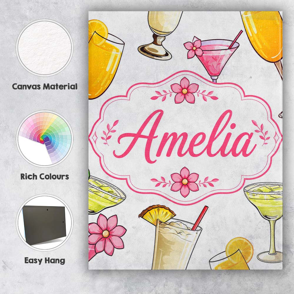 Personalised Name Colorful Cocktail Drinks Custom  Unique Gift Idea Elegant Feature Canvas Wall Art Print Decor Picture Ready to Hang