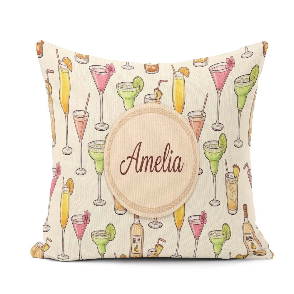 Custom Name Colorful Cocktail Drinks Yellow Background Seamless Square Filled Cushion Throw Pillow Sofa Bed Home Decor Zip Washable UK Made