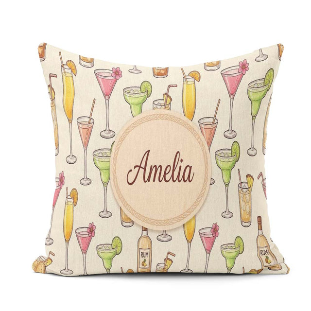 Custom Name Colorful Cocktail Drinks Yellow Background Seamless Square Filled Cushion Throw Pillow Sofa Bed Home Decor Zip Washable UK Made