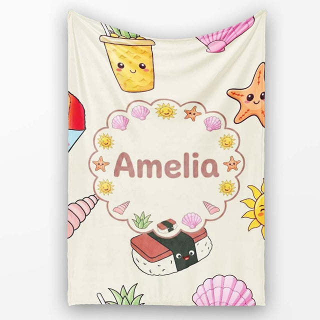 Cute Summer Dog Sunglasses Ice Cream Starfish Seamless Pattern  Personalised Custom Name Super Soft Fleece Blanket Bed Sofa Throw