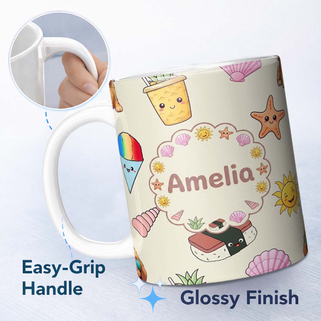 Personalized Custom Name Cute Summer Dog Sunglasses Ice Cream Starfish Seamless Pattern 11oz Ceramic Coffee Tea Mug White Large Handle