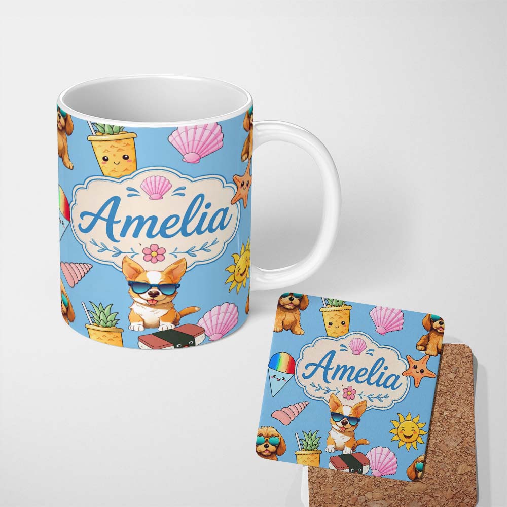 Personalized Custom Name Cute Summer Dog Blue Background Ice Cream Starfish Seamless Pattern 11oz Ceramic Coffee Tea Mug White Large Handle
