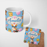 Personalized Custom Name Cute Summer Dog Blue Background Ice Cream Starfish Seamless Pattern 11oz Ceramic Coffee Tea Mug White Large Handle