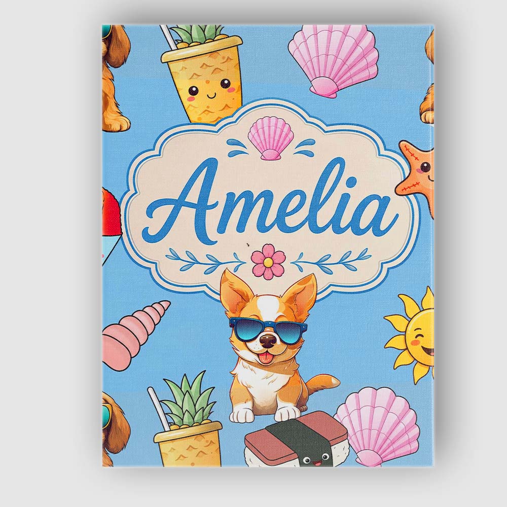 Personalised Name Cute Summer Dog Blue Custom  Modern Room Accent Elegant Feature Canvas Wall Art Print Decor Picture Ready to Hang